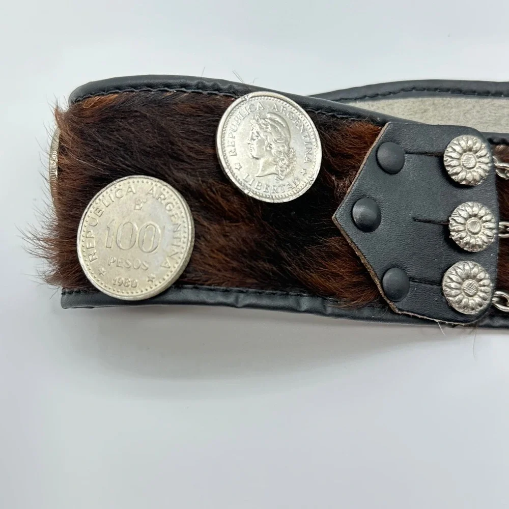 Vintage Gaucho Pony Hair Leather Coin Belt Argentina 100 Pesos Silver Chain
